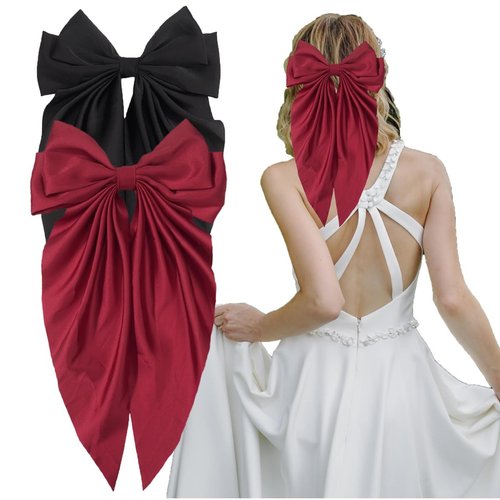 Telont 2PCS Silky Satin Hair Bows for Women Long Tail Ribbon Hair Accessories Bounce Metal Hair Clips Barrette Big Hair Bow for Girls Teens Toddlers(Wine red+Black)