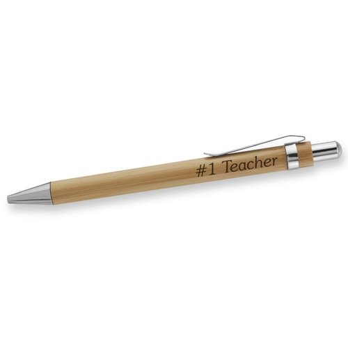 Dimension 9 Eco-Friendly Laser Engraved Personalized Bamboo Name Ballpoint Plunge-Action Pen with Chrome Accents - #1 Teacher (BBPEN-#1 Teacher)