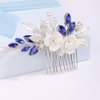 Missgrace Bride Wedding Crystal Pearl Leaf Rhinestones Hair Comb Blue Purple Bridal Hair Pieces Rhinestone Bridal Hair Clip Flower Hair Side Combs Wedding Hair Accessories for Brides Women (Silver Blue)