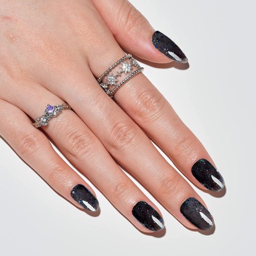 GLAMERMAID Black Jelly Press on Nails Short- Handmade Gel Nails, Black Glitter Fake Nails Oval Shape Galaxy Acrylic False Nail Kits Stick Glue on Nails Sets Reusable Nails for Women Girl Gift