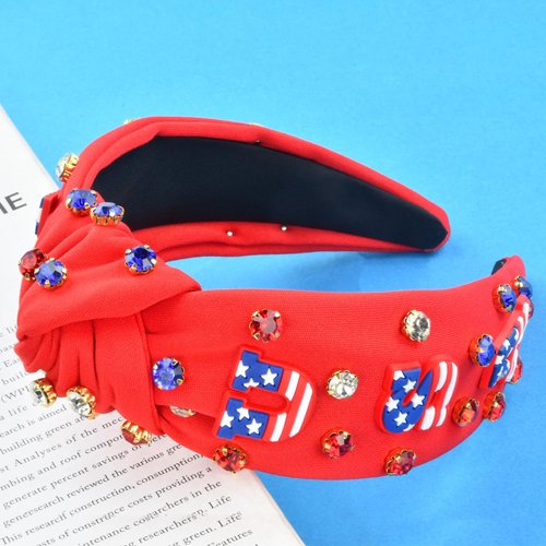 ABONDEVER Patriotic Rhinestone Headband for Women Crystal Top Knot Beaded Headbands Wide Jeweled Embellished Hairband Independence Day Hair Accessories Gifts(Red-USA)