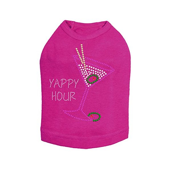 Martini - Fuchsia with Clear Rhinestones with Yappy Hour - Dog Tank, S Lime Green