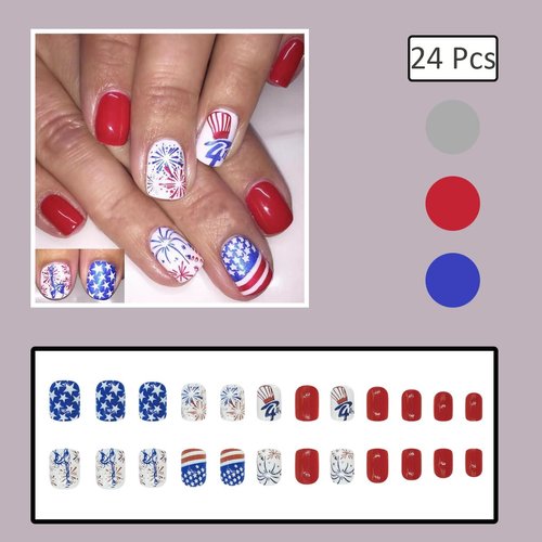 Sutaozhi Short Square Fake Nails 4th of July Press on Nails Independence Day Day False Nails with Fireworks Letter USA Flag Design Patriotic Glue on Nails Red Glossy Acrylic Nails for Women Girl 24Pcs