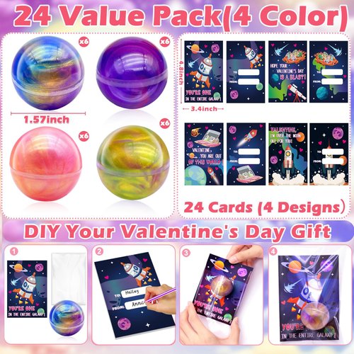 AMENON 24 Pack Valentines Day Galaxy Putty Slime Kit with Valentines Cards Gifts for Kids Boys Girls Colorful Stress Relief Fidget Toys Set for Valentine Classroom Exchange School Prizes Party Favors