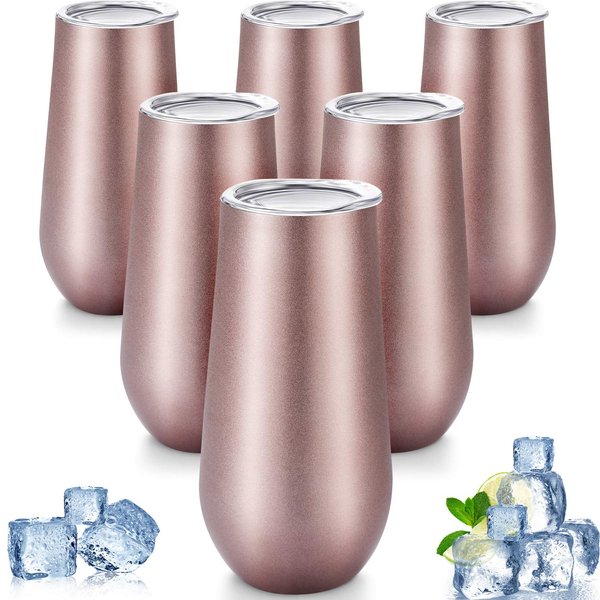 Maxdot 6 Pieces Stemless Champagne Flutes Double-insulated Champagne Tumbler with Lips, 6 OZ Stainless Steel Unbreakable Cocktail Cups for Coffee Wine Glass Tumbler (Rose Gold)