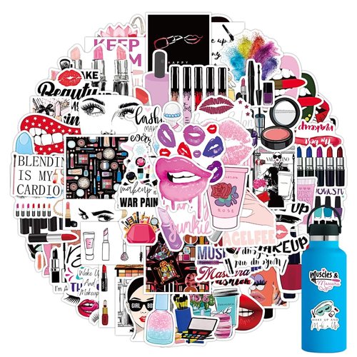 102pcs Makeup Stickers for Water Bottle，Cute Girl Vinyl Waterproof Cosmetology Sticker for Laptop，Skateboard，Phone Case，Beauty Decals Gifts for Kids Teens Adults for Party Favors Supplies Decor