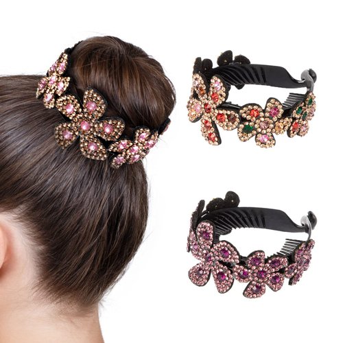 ISKYBOB 2 Pieces Rhinestone Flower Ponytail Holder Twist Bun Shaper Women Hair Grips Claw, Wine Red+Multicolored