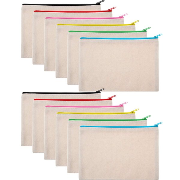 12 Pieces Multipurpose Canvas Cosmetic Bag Makeup Pouches with Zipper Canvas Bag Blank Makeup Bag Pouch Travel Toiletry Bag for Women DIY