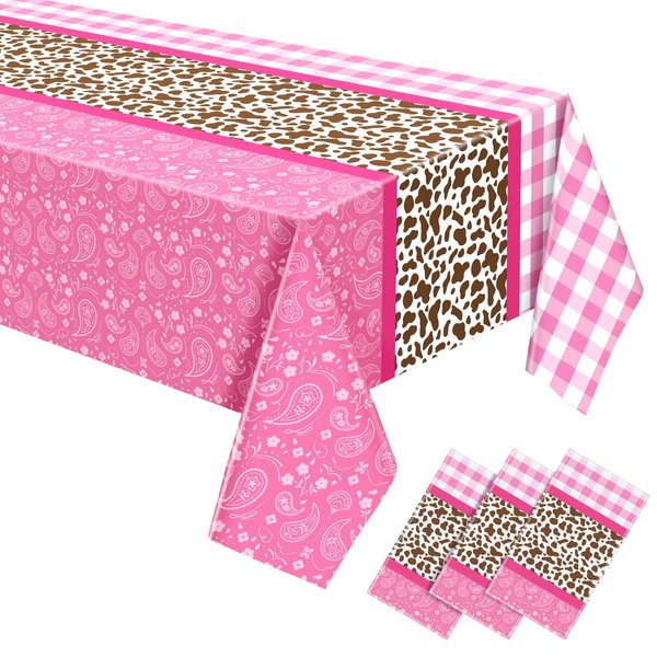 Gejoy 3 Pcs Western Cowgirl Tablecloth Plastic Disposable Pink Horse Table Cover Pink Table Cloth Wild West Cowgirl Birthday Party Themed Party Decorations Supplies Favors, 51 x 108''