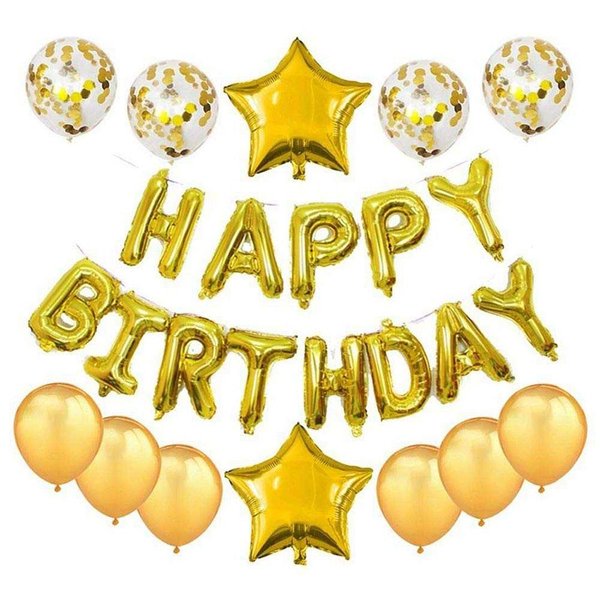 16 inch Happy Birthday Balloons Decorations Set- 13 pcs Letter Balloons Banner,2 pcs Giant Star Foil Balloons,4 pcs Confetti Balloons,6 pcs Latex Balloons (Gold)