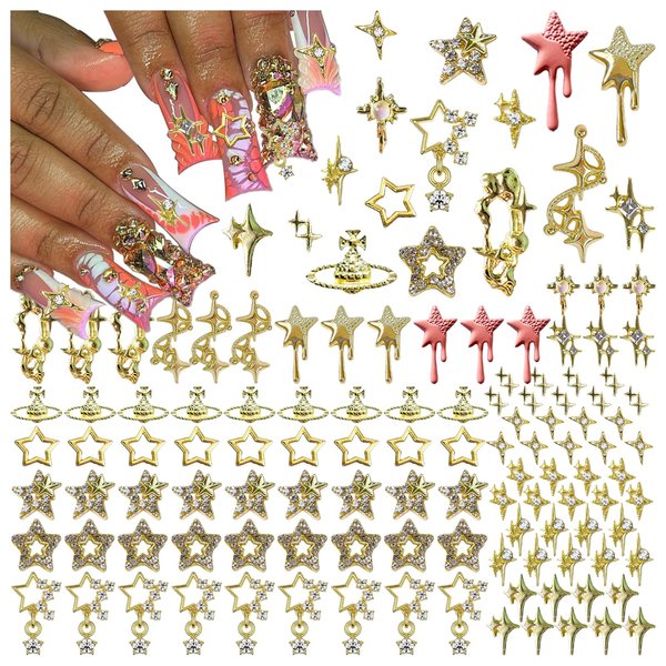 XIYONALI 124PCS Star 3D Nail Charms for Acrylic Nails, Gold Alloy Nail Gems Starburst Nail Accessories, Nail Rhinestones for Nail Art Supplies Manicure Craft DIY