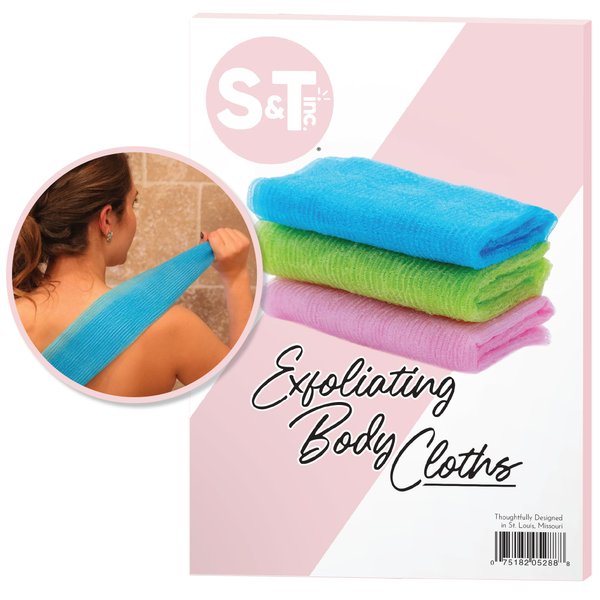 S&T INC. Back Scrubber for Shower, Exfoliating Body Scrubber or Bath Exfoliating Towel for Skin Care, 11.8 Inches x 35.4 Inches, Assorted Pink, 3 Pack