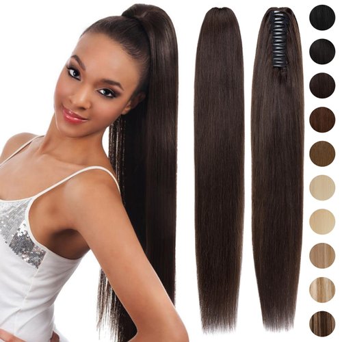 S-noilite Claw Clip Ponytail Extension Human Hair #2 Dark Brown Real Remy Human Hair Ponytail Extension 16inch Long Straight Hair Pony Tails Hair Extensions For Women 105Grams