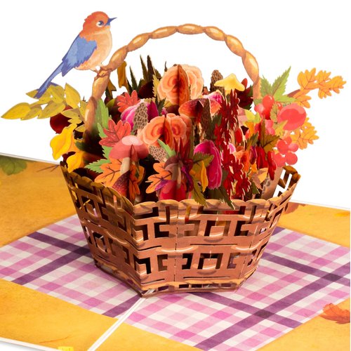 Paper Love Frndly 3D Fall Flower Basket Pop Up Card, Handcrafted - 100% Recycled and Eco-Friendly, 8" x 6" Cover - with Removable Note Tag