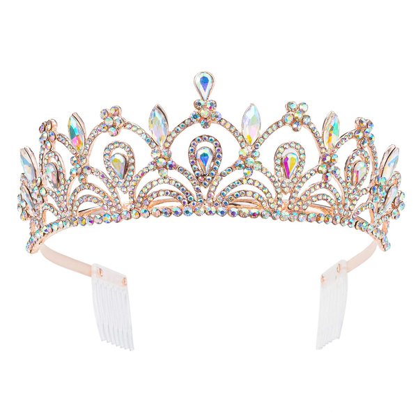 Weddingtopia Rose Gold AB Tiaras and Crowns Wedding Tiaras Rose Gold Ab and Rose Gold AB Crowns Plus Rose Gold Ab Necklace set For Free– Bridal Rose Gold Ab Tiara Crown with side combs (ROSE GOLD AB)