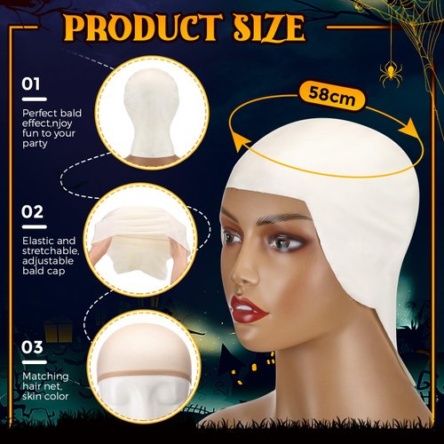 Syhood 4 Packs Halloween Bald Caps Makeup Latex Bald Head Wig Cap Bald Hat Costume Accessories for Women Men Adults(White, Beige)