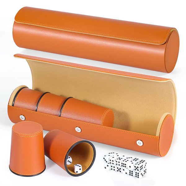 2 Set Leather Dice Cup Set, 10x Leather Dice Cups + 50 Dice + Exclusive Storage and Transport Case Made of Faux Leather with Magnetic Closure (2 Pack Orange)