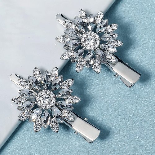 Missgrace 2Pcs Dainty Sparkling Crystal Flower Hair Clips for Wedding Prom Party Bridal Rhinestone Hair Accessories for Women