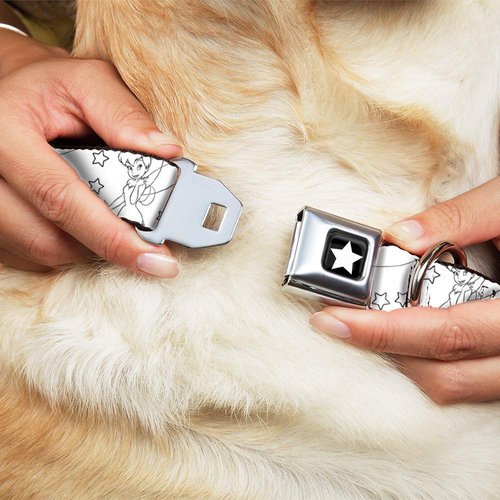 Dog Collar Seatbelt Buckle Tinker Bell Poses Stars Outline White Black 13 to 18 Inches 1.5 Inch Wide