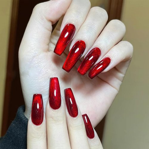 ROFIBUT Wine Red Press on Nails Long Square Coffin Fake Nails Glossy Red Cat Eyes Acrylic Nails Shiny Glitter Full Cover Stick on Nails Gradient False Nails for Women Girls DIY Nail Art Decor 24Pcs
