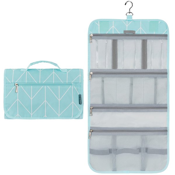 PAVILIA Hanging Toiletry Bag Women Men, Travel Kit Foldable Toiletries Organizer, Roll up Cosmetics Makeup Bag Accessories, Waterproof Essentials Jewelry Case (Floral Grey)