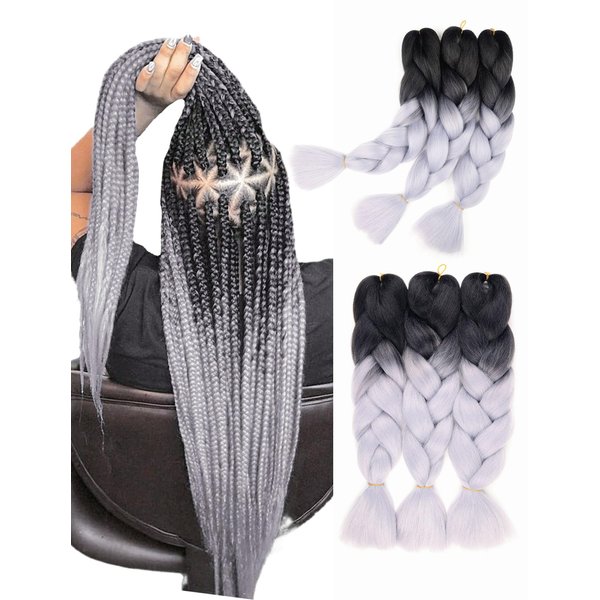 Silver Braiding Hair Extensions for Braids 24 inch 6 Packs Synthetic Hair for Braiding Black to Gray Grey