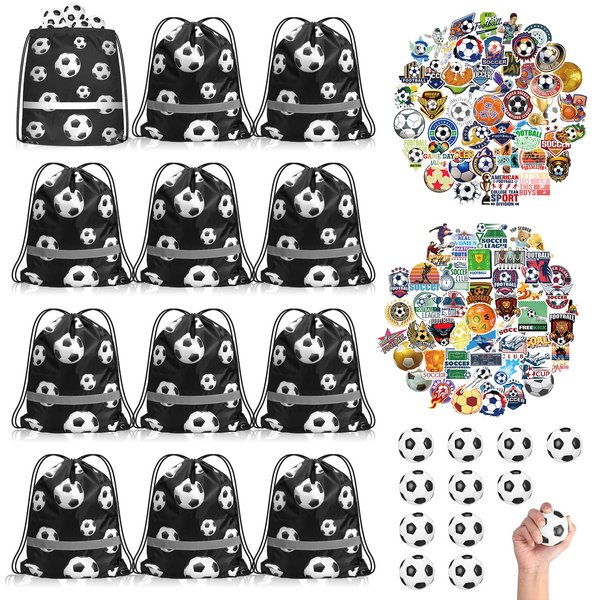 Silkfly 124 Pcs Soccer Party Favors Set 12 Soccer Party Drawstring Bags Treat Bags 12 Mini Squeezable Football Balls 100 Soccer Stickers Gift for Soccer Football Sport Party Supplies