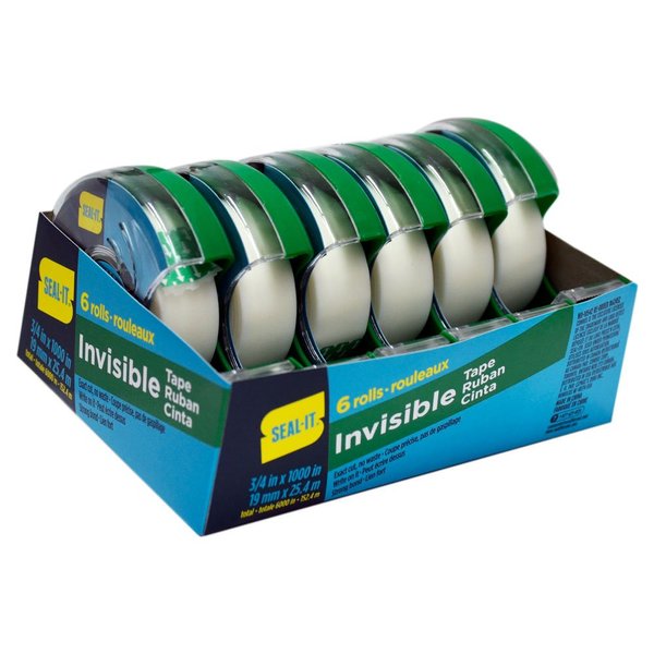 Seal-It Invisible Stationery Tape 3/4 x 1000 Inches On Press N' Cut Dispenser, Pack of 6 Total 6000 Inches, White (62452)