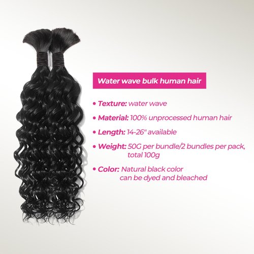 PiPiHA Human Braiding Hair for Boho Braids Human Hair Water Wave 20 Inch 2 Bundles 100g Wet and Wavy Human Hair for Boho Knotless Braids Bulk Boho Human Hair Extensions (Natural color, 20 inch)