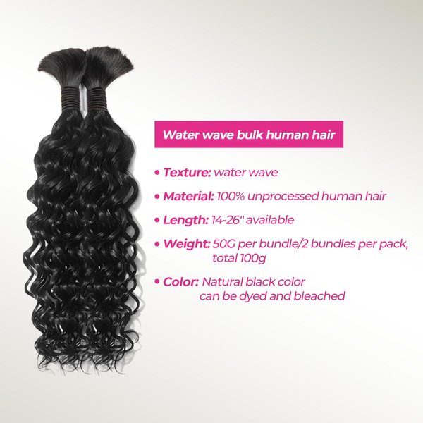 PiPiHA Human Braiding Hair for Boho Braids Human Hair Water Wave 20 Inch 2 Bundles 100g Wet and Wavy Human Hair for Boho Knotless Braids Bulk Boho Human Hair Extensions (Natural color, 20 inch)