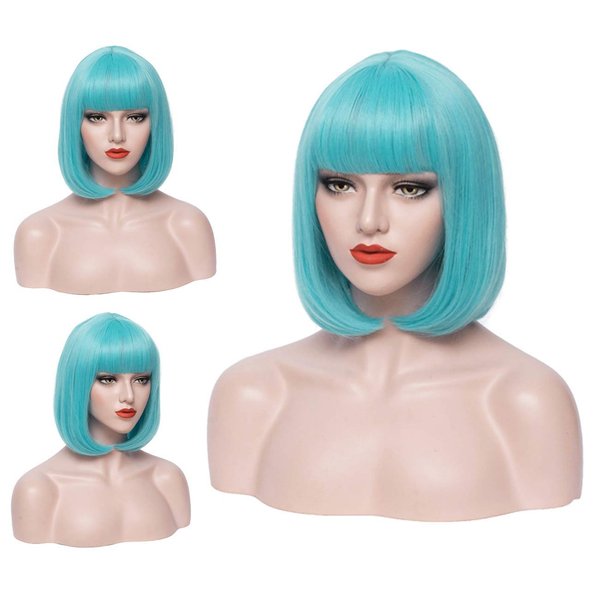 PATTNIUM 12 Inches Blue Bob Wig Short Light Blue Bob Wig with Bangs for Women and Girls Heat Resistant Synthetic Teal Blue Bob Wig (Light Blue)