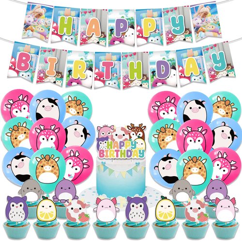 Kawaii Birthday Party Decorations Pack Plush Toys Themed Party Supplies for Girls Boys Kids Includes Banner Balloons Cake Cupcake Toppers