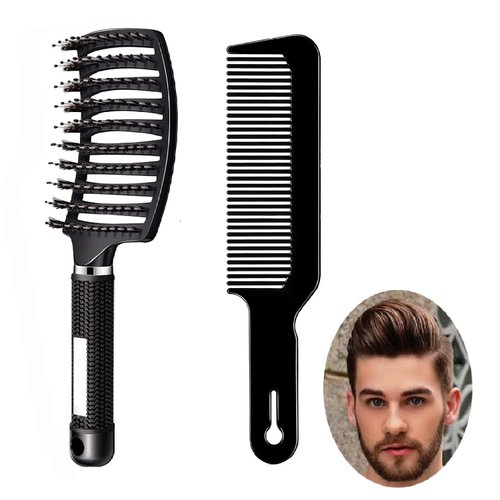 Voremy Magical Brush Detangler & Flat Hair Comb Set, Natural Boar Bristle Hair Brush Ultra Soft For All Hair Types - For Women, Men, Thick And Curly Hair (2 Pack)