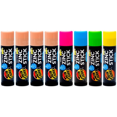 Sun Zapper Zinc Stick Mineral Sunscreen (Light Skin Tone, Pink, Blue, Green, Yellow) SPF 50+ Water Resistant for Face & Body, Adults, Kids, 8-Pack Broad Spectrum Sun Block, Made in Australia