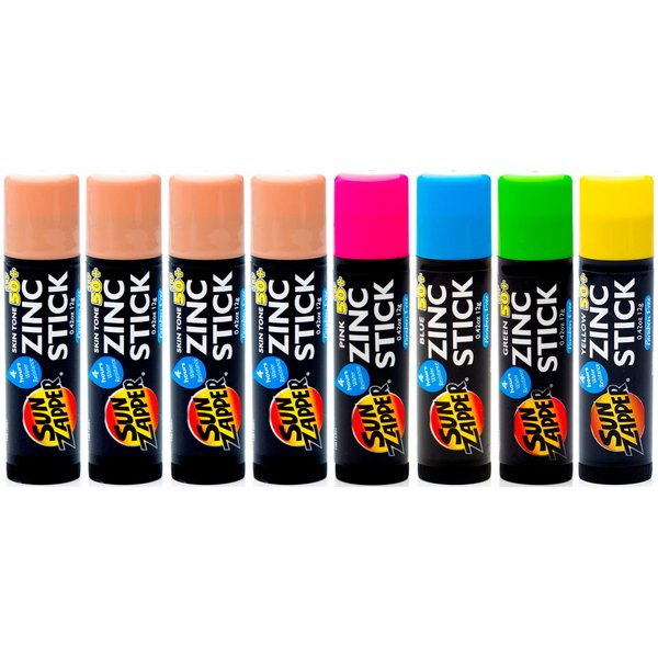 Sun Zapper Zinc Stick Mineral Sunscreen (Light Skin Tone, Pink, Blue, Green, Yellow) SPF 50+ Water Resistant for Face & Body, Adults, Kids, 8-Pack Broad Spectrum Sun Block, Made in Australia