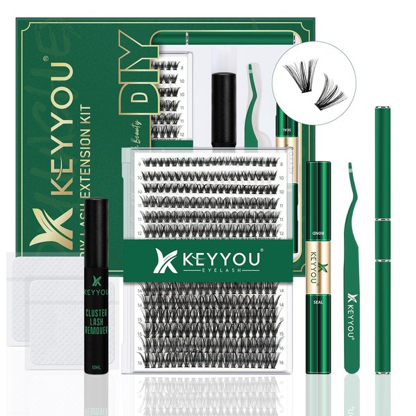 DIY Lash Extension Kit KEYYOU 300Pcs Individual Eyelash Extension Kit 40D 0.07C Curl 9-18MIX Lash Clusters Kit with Lash Glue Remover Applicator Easy to Use for Beginners(Kit-40D-0.07C,9-18MIX)