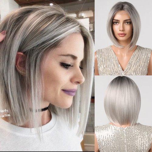 Alanhair Gray Ombre Sliver Straight Short Bob Synthetic Heat Resistant Fiber Wig for Women Middle Part Natural Looking Heat Resistant Fiber Nature Synthetic Wigs
