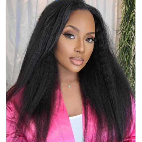 Quick Wig Kinky Straight Wig Black Yaki Straight Wigs Middle Part Synthetic Wig for Black Women Glueless Yaki Hair Wig Natural Black Color