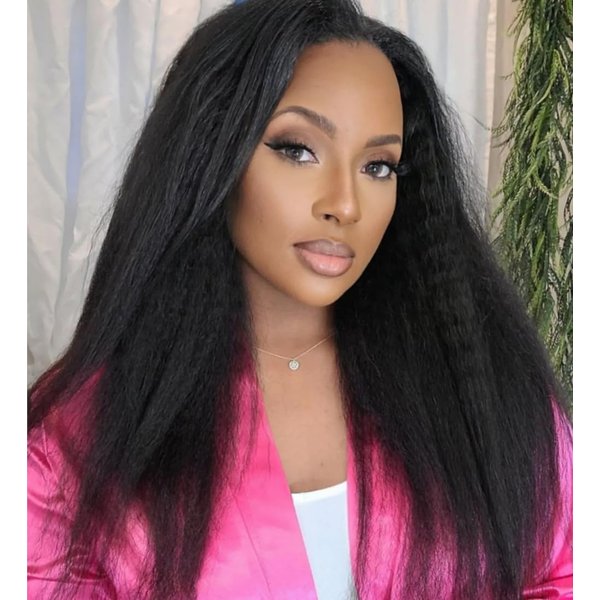 Quick Wig Kinky Straight Wig Black Yaki Straight Wigs Middle Part Synthetic Wig for Black Women Glueless Yaki Hair Wig Natural Black Color