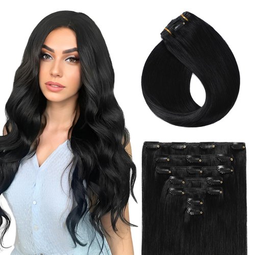 YILITE Clip in Hair Extensions Real Human Hair 18inch 80g 7Pcs #1 Jet black Remy Human Hair Extensions Clip ins for Women Natural Human Hair