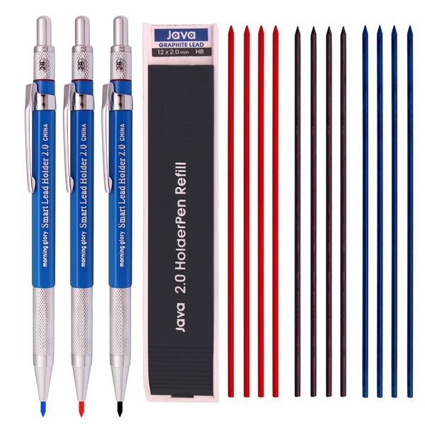 Morning glory 2.0 mm Lead Holder Pen Mechanical Pencil for Draft Drawing,Carpenter,Crafting, Art Sketching Sharpener (Pack of 3 Pens) + (2.0mm Lead 1 Tube-Red 4+Blue 4 + Black 4=12) Box packing
