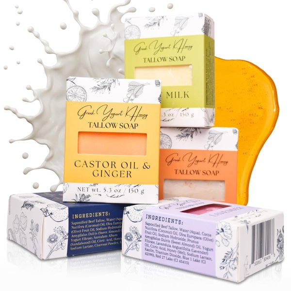 Simple Sophistication Greek Yogurt Honey Tallow Soap - Variety Pack - Charcoal, Lavender, Oat & Honey, Castor Oil & Ginger, Goat Milk