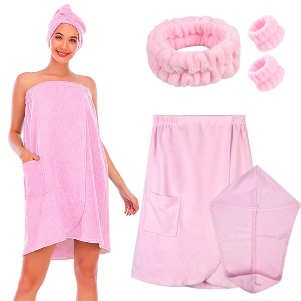 QZUnique Women Towel Wrap with Hair Drying Towel & Headband Wristband Spa Shower Bath Robes with Velcro Adjustable