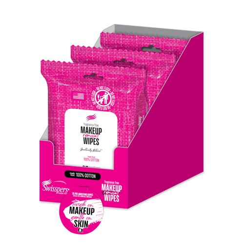 Swisspers Premium Makeup Remover Wipes - 100% Cotton Face Wipes for Makeup, Mascara - Hypoallergenic Makeup Wipes for Sensitive Skin - 25 Count (Pack of 3)