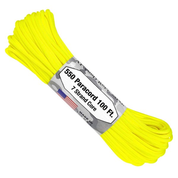 Atwood Rope MFG 550 Paracord 100 Feet 7-Strand Core Nylon Parachute Cord Outside Survival Gear Made in USA | Lanyards, Bracelets, Handle Wraps, Keychain (Neon Yellow)