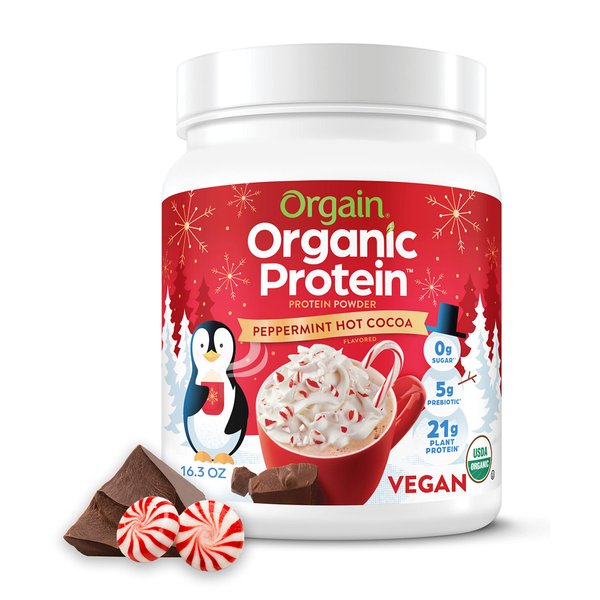 Orgain Organic Vegan Protein Powder, Peppermint Hot Cocoa Holiday Flavor - 21g of Plant Protein, 5g Prebiotic Fiber, No Lactose Ingredients, No Added Sugar, Non-GMO, For Shakes & Smoothies, 1.02 lb