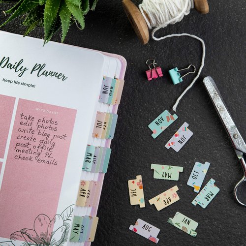 DiverseBee Laminated Planner Monthly Tabs, 24 Peel and Stick Tabs for Notebooks (12 Month Tabs and 12 Blank Tabs), Calendar Monthly Tab Stickers/Dividers (Assorted), Medium