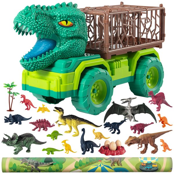 TEMI 25 in 1 Tyrannosaurus Kids Dinosaur Carrier Truck Set, Dinosaur Transport Car Toys for Kids 3-5 with Play Mat, 18 Dinosaur Figures, Eggs, Capture Dinosaurs Playset for 3 4 5 6 7+ Year Old