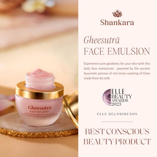 Shankara Gheesutra Face Emulsion with 100X Washed A2 Ghee, Hibiscus, and Vitamin C – Daily Facial Moisturizer for Skin Firming, Toning, and Hydration – Ayurvedic Skin Care for All Skin Types