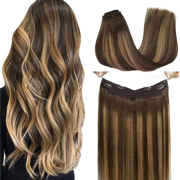 GOO GOO Wire Hair Extensions Human Hair, 4/27/4 Chocolate Brown with Caramel Blonde Balayage 20inch 110g, Invisible Wire Hair Extensions with Transparent, Seamless Fish Line Hairpiece